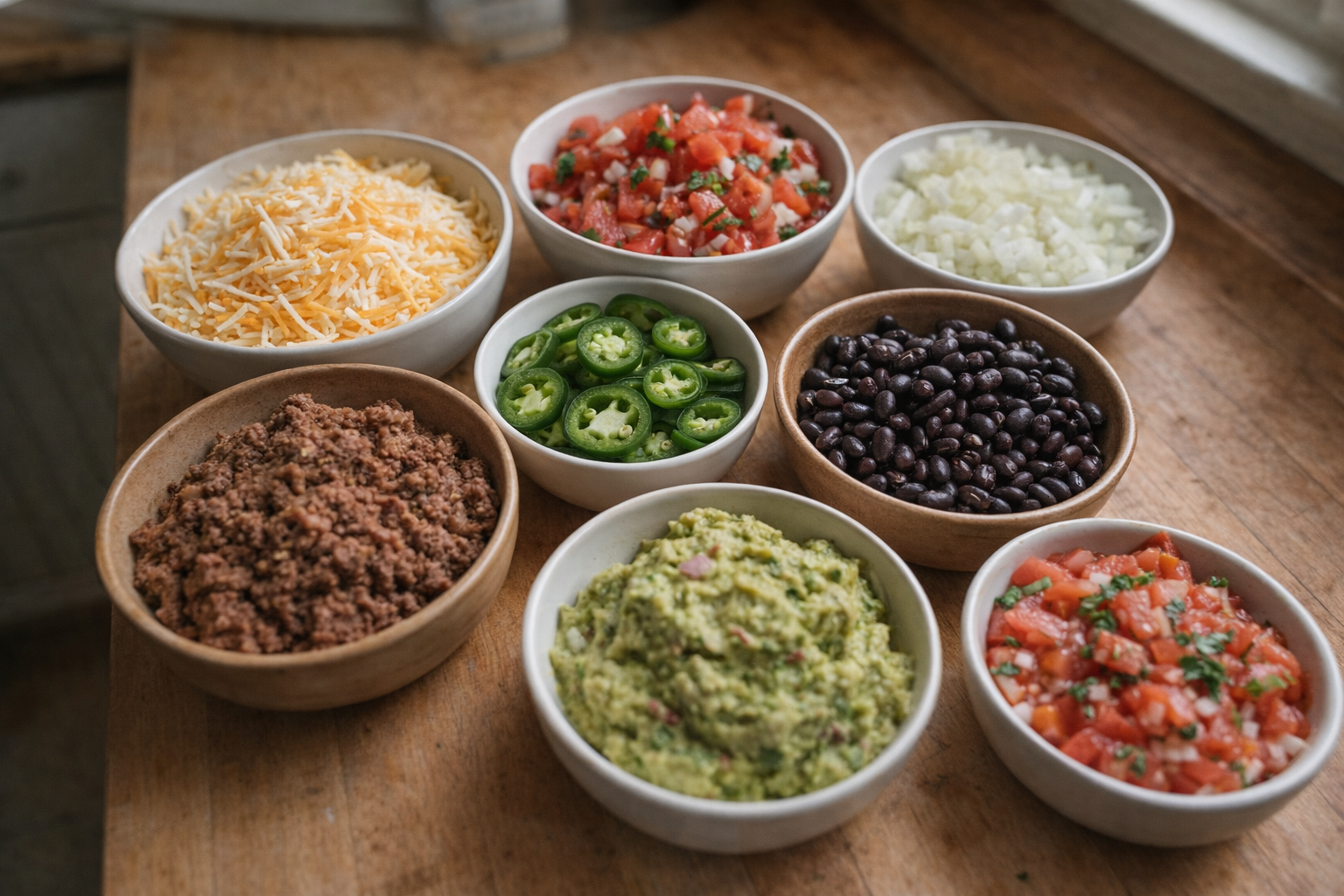 A close-up, overhead shot of various nacho toppings prepped in individual bowls, including shredded cheese, diced tomatoes, onions, jalapenos, black beans, cooked ground beef, and guacamole, arranged on a wooden countertop